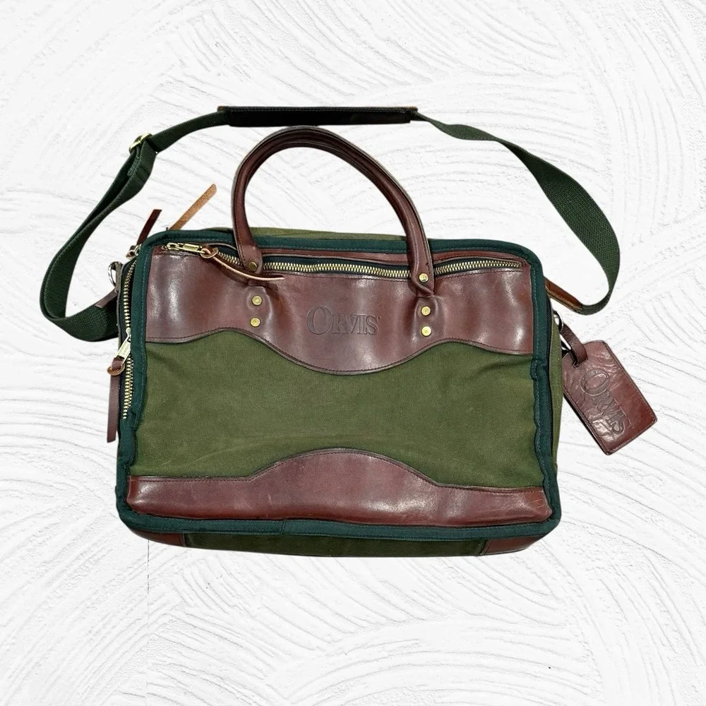 Vintage Orvis Battenkill Green Canvas Leather Briefcase Laptop Messenger Bag USA